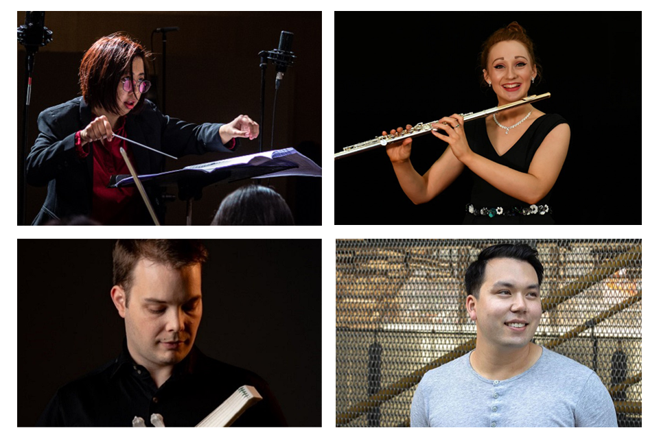 A collage of four students, some holding musical instruments, some conducting musicians in an orchestra.